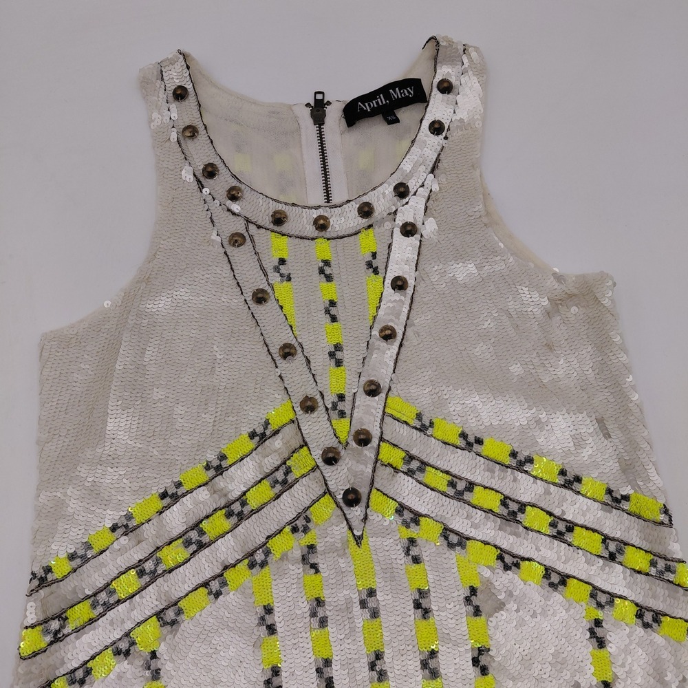 April May Casper Sequin Tank Top XS White Neon Yellow Embellished Studded Lux